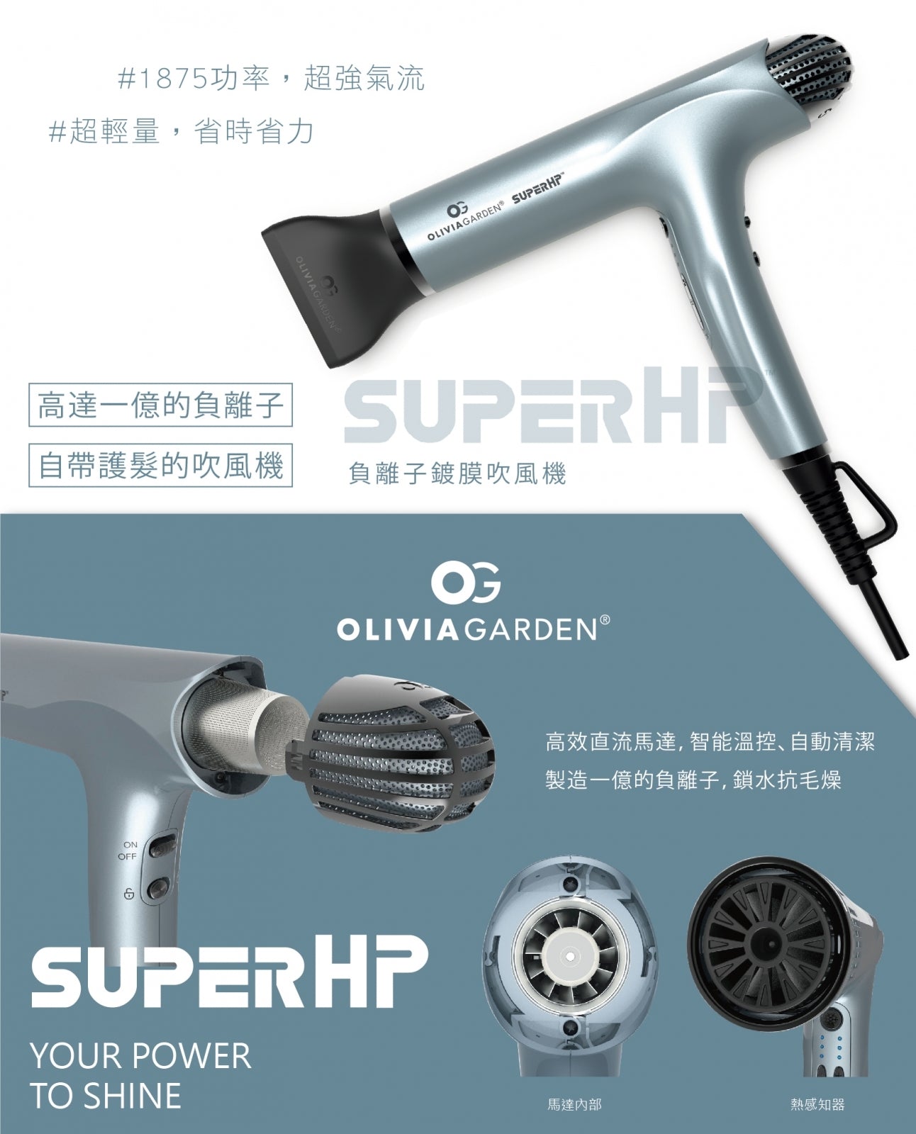 Olivia Garden Dryer SuperHP 高性能專業風筒 (BOX SET風筒+送3把梳)