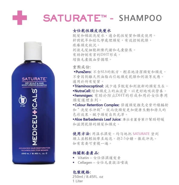 Mediceuticals Saturate Shampoo For Women (Dry Scalp & Hair Moisturizing) 250ml 女士乾性頭皮洗髮水